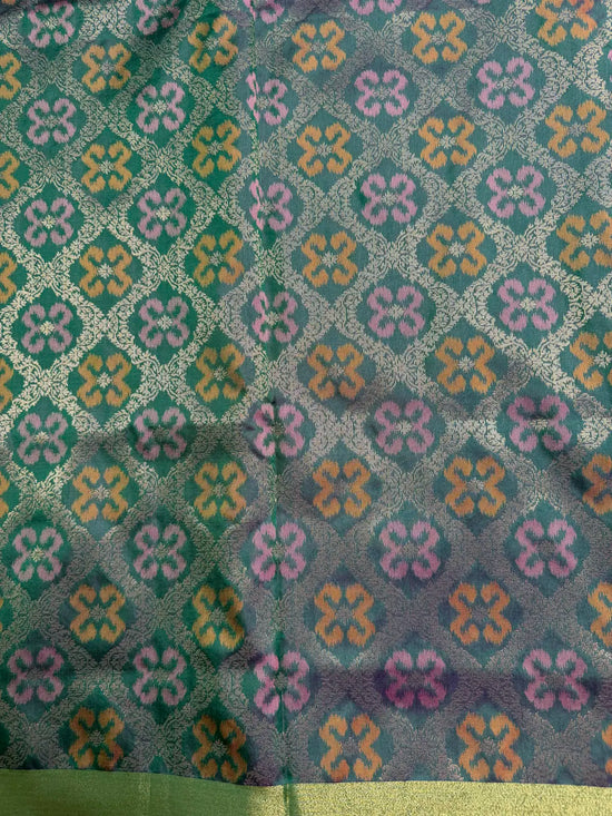 Onion Pink Saree with Heavy Ikat Green Pallu & Brocade Blouse