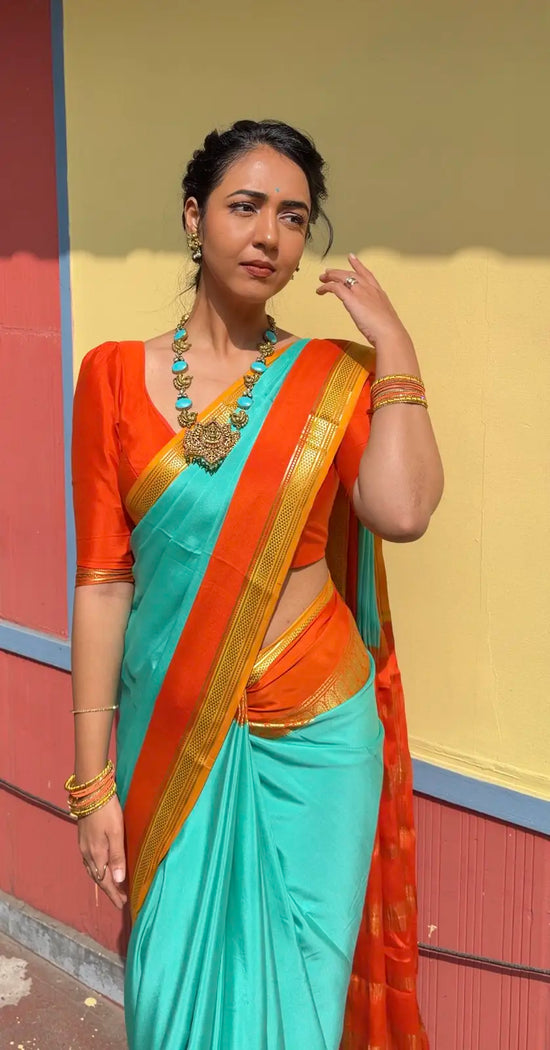   Pure Mysore Crepe Silk Saree – Rama Blue with Fanta Orange Contrast