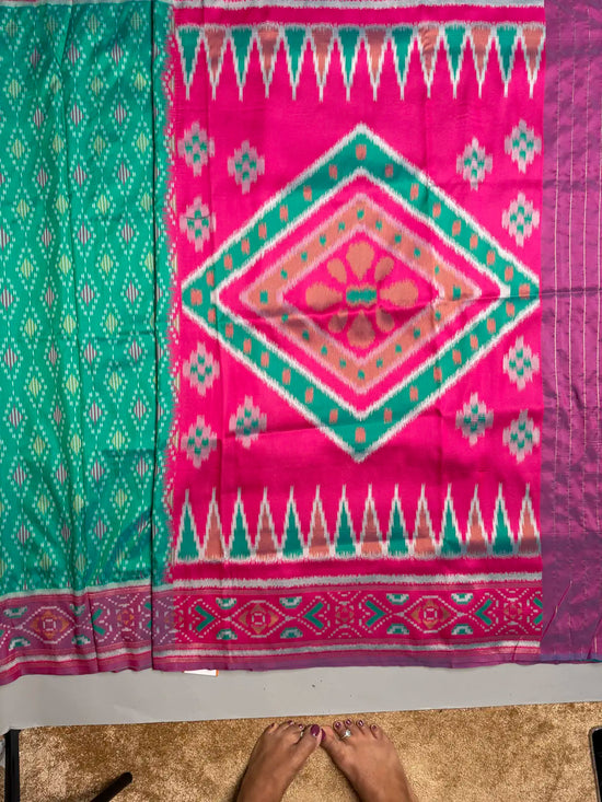 Green Pochampally Ikat Saree with Pink Contrast Border  