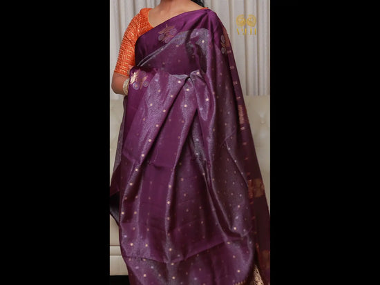 Pure  Banarasi crepe  tissue Saree with satin border purple 