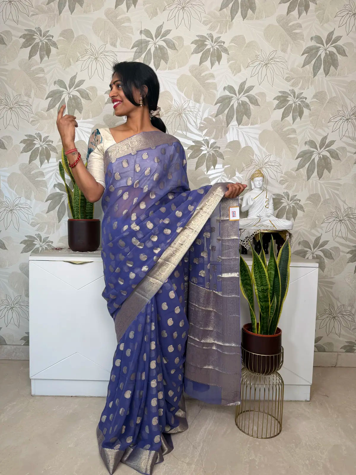 Violet Blue Chiffon Saree with Mango (Paisley) Butti Design