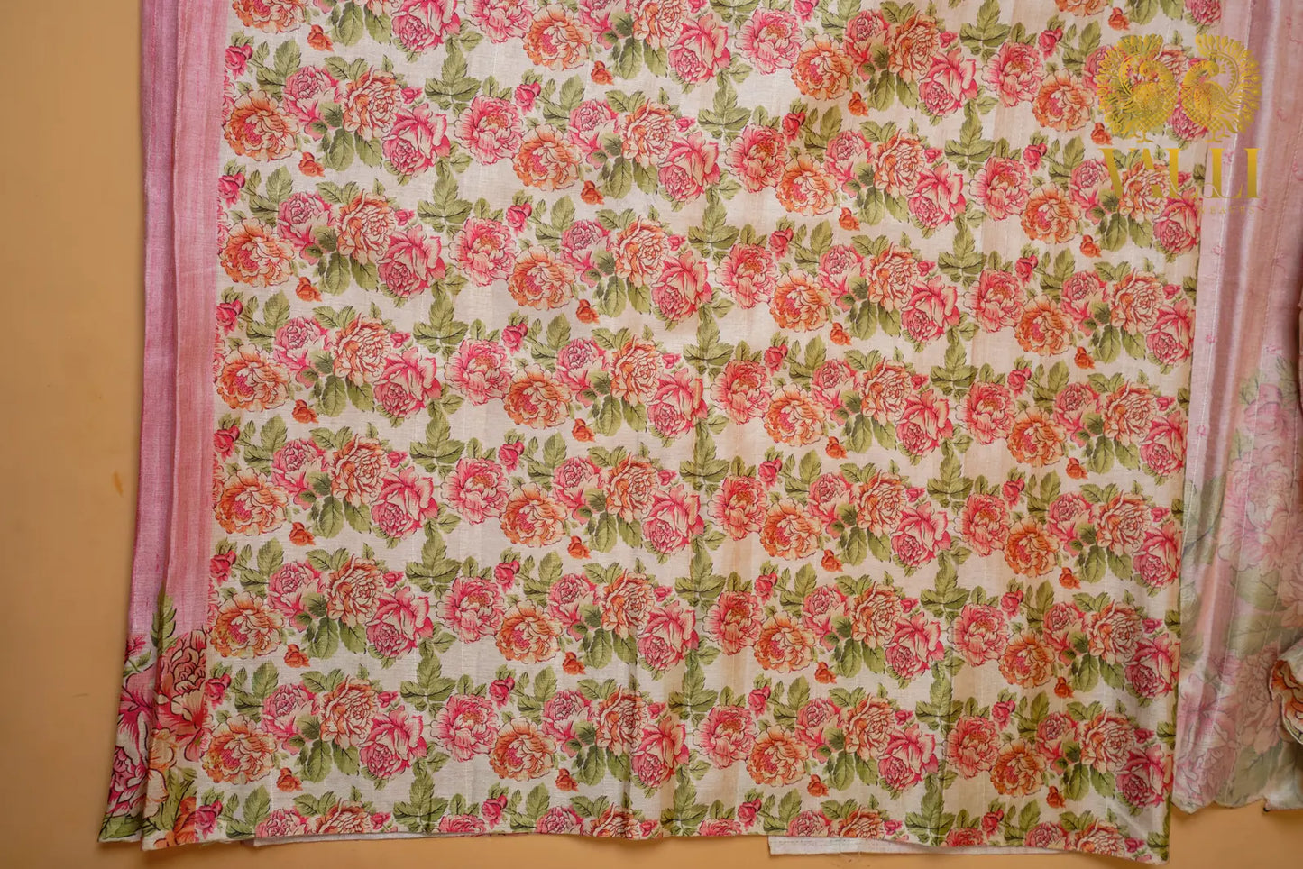 Fancy Tussar Saree with Digital Floral Print Blouse & Mirror Work