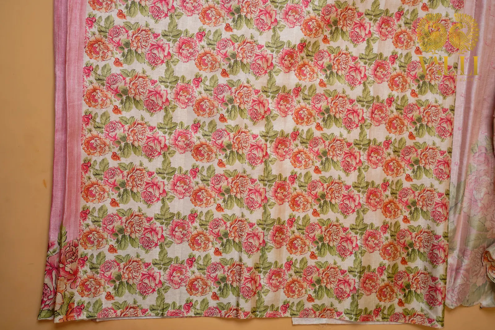 Fancy Tussar Saree with Digital Floral Print Blouse & Mirror Work