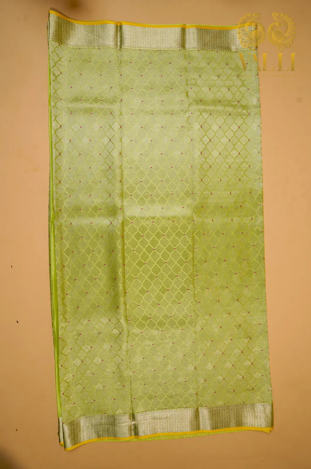 Lime Green Banarasi Crepe Silk Saree with Yellow Selvage