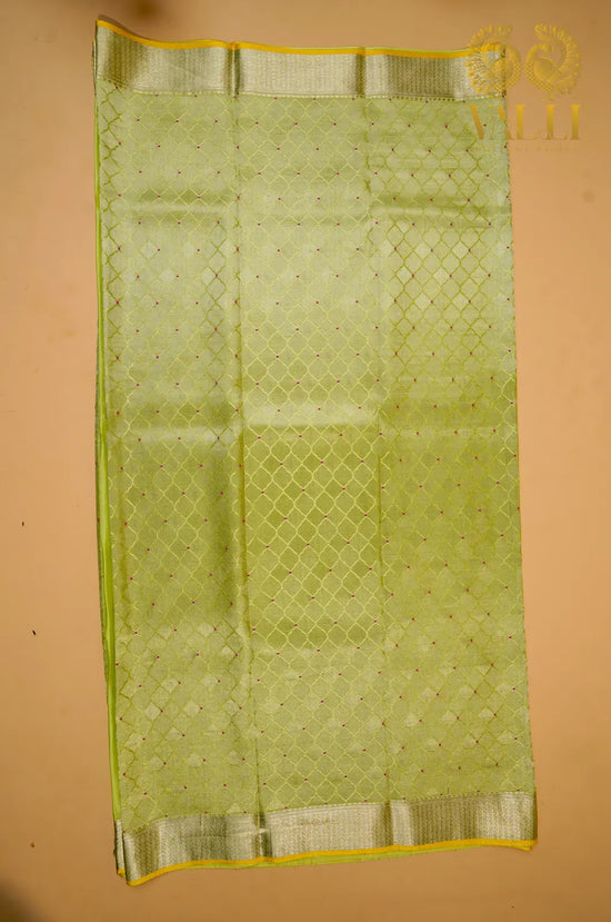 Lime Green Banarasi Crepe Silk Saree with Yellow Selvage