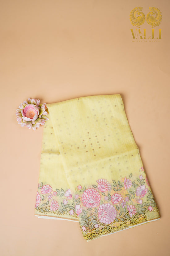 Pure Kora Lemon yellow organza cutwork saree
