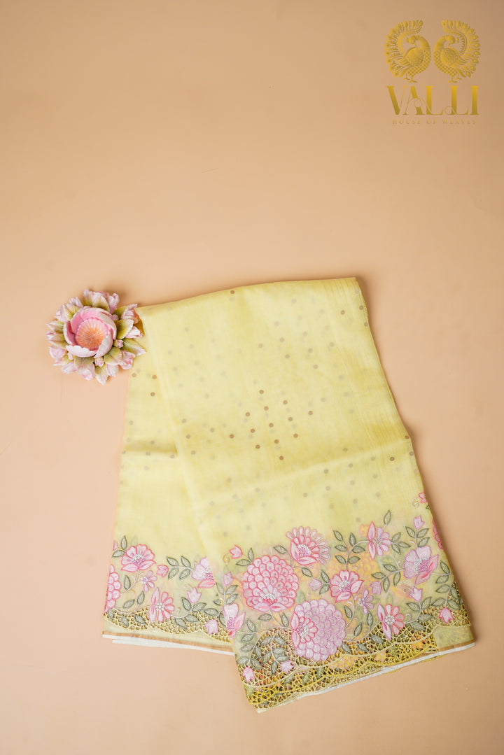 Pure Kora Lemon yellow organza cutwork saree