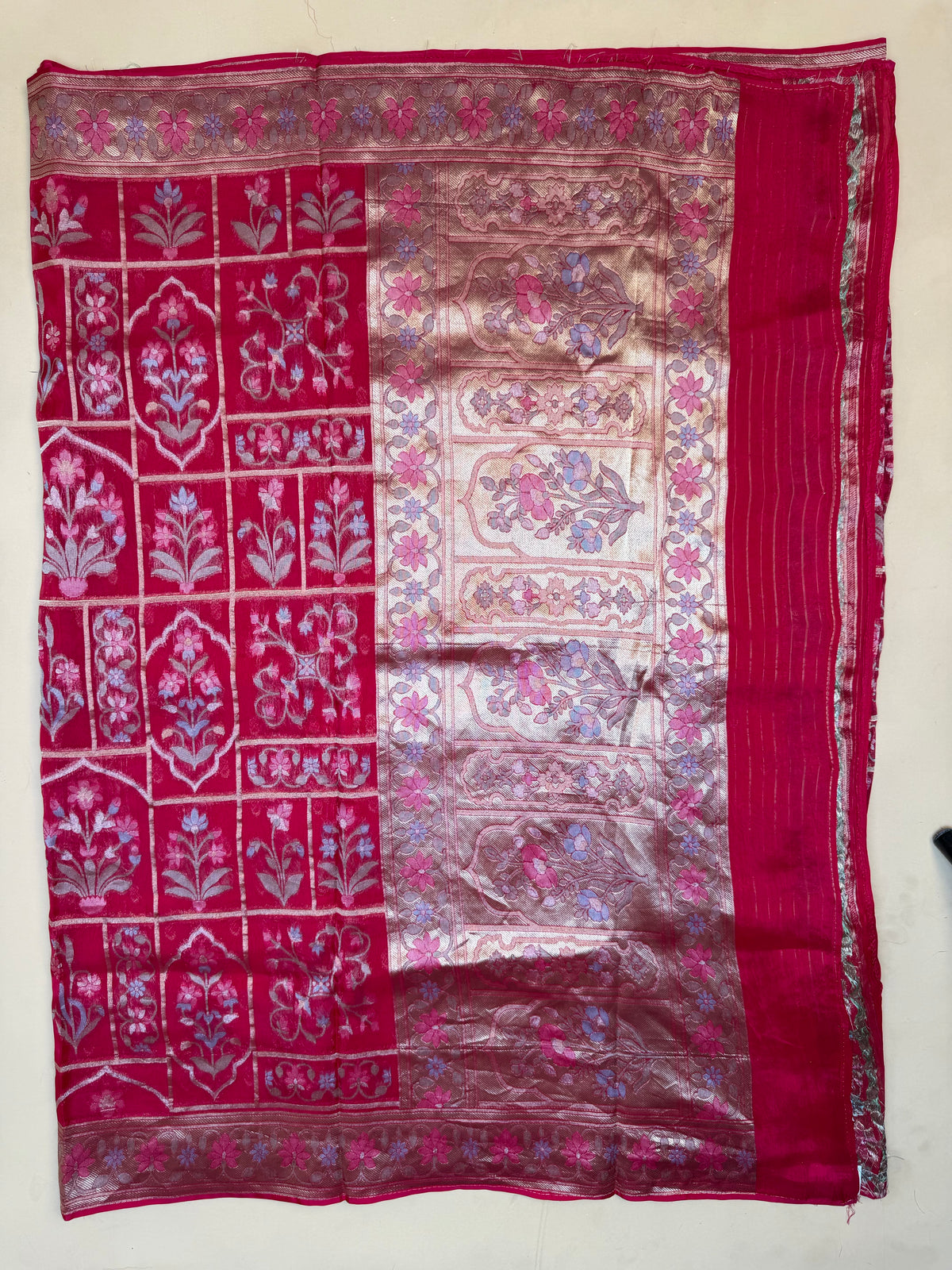 Rani Pink Organza Jaamdani Saree
