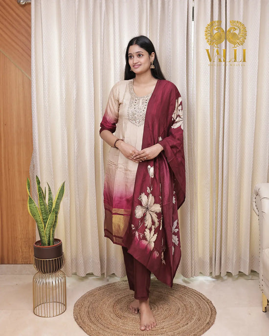 Beige  purple salwar set with zardosi neck work