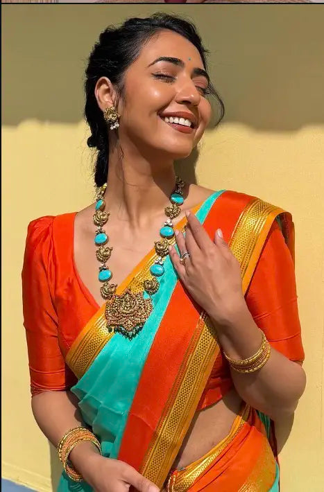   Pure Mysore Crepe Silk Saree – Rama Blue with Fanta Orange Contrast