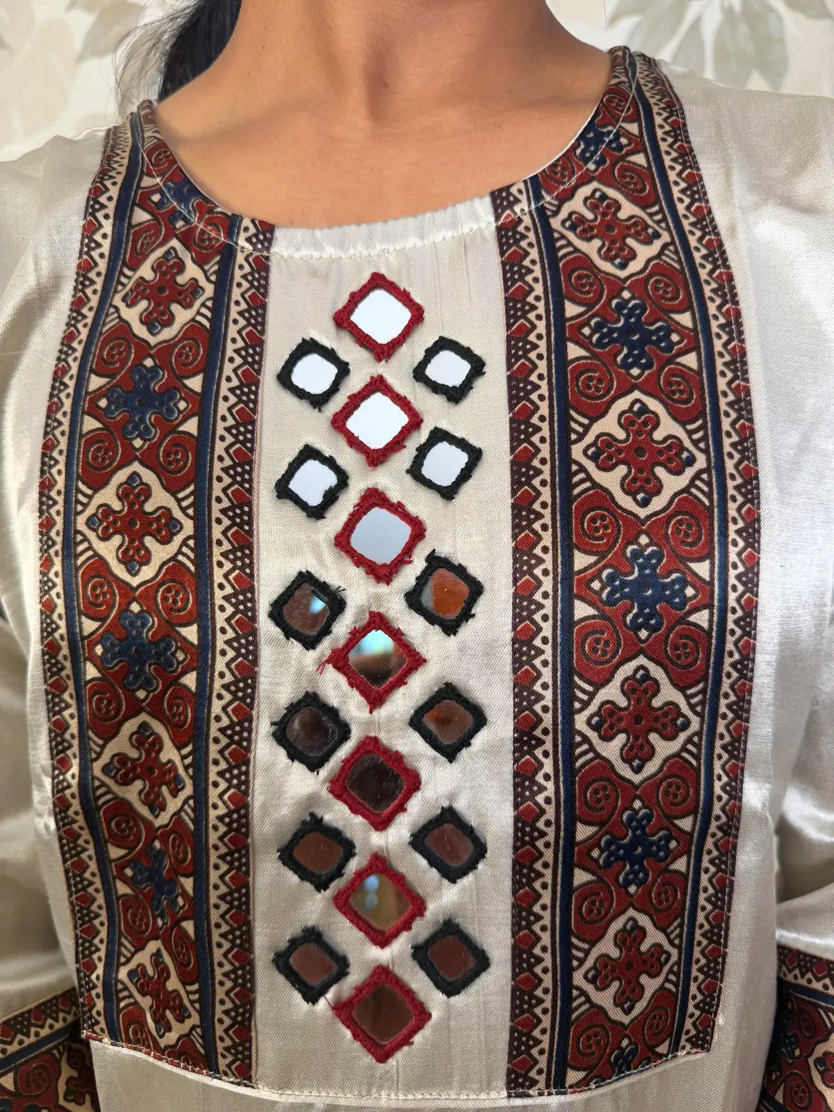 White Satin Kurti with Ajrakh Patchwork and Mirror Detailing