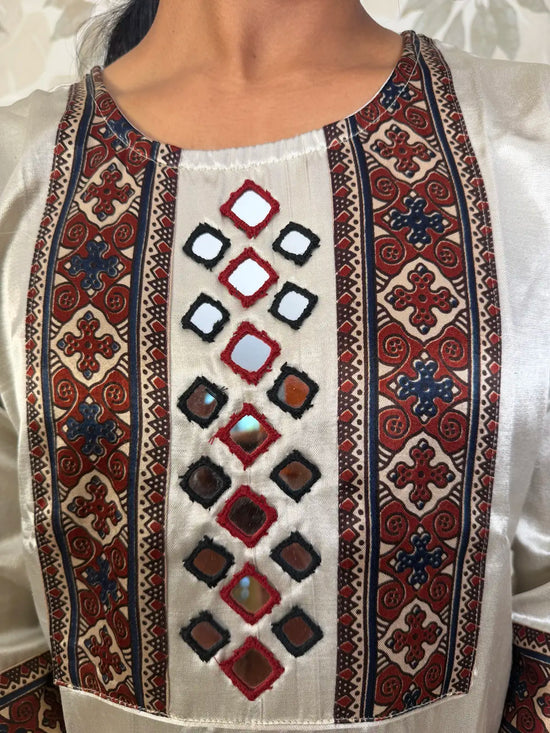 White Satin Kurti with Ajrakh Patchwork and Mirror Detailing