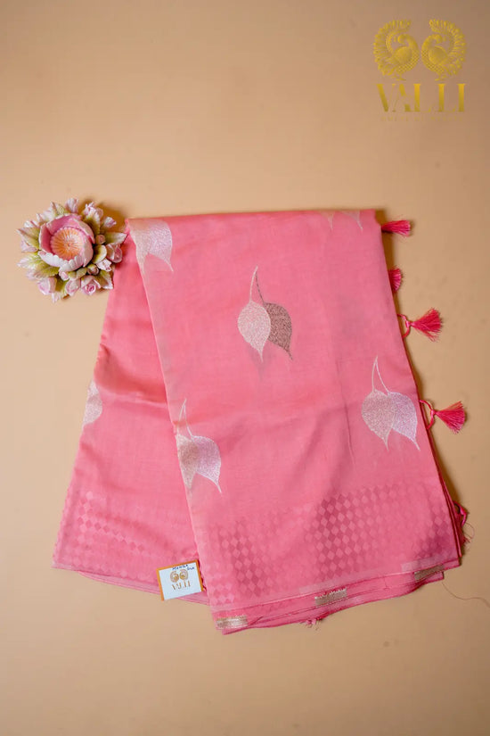Candy Pink Munga Silk Saree with Silver Leaf Motifs ✨