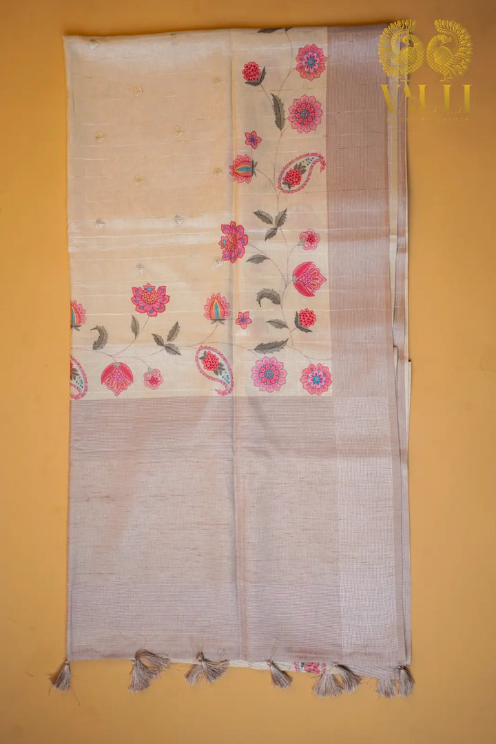 Ivory pastel beige Tussar Silk Saree with Floral Digital Print & Zari Border beige 