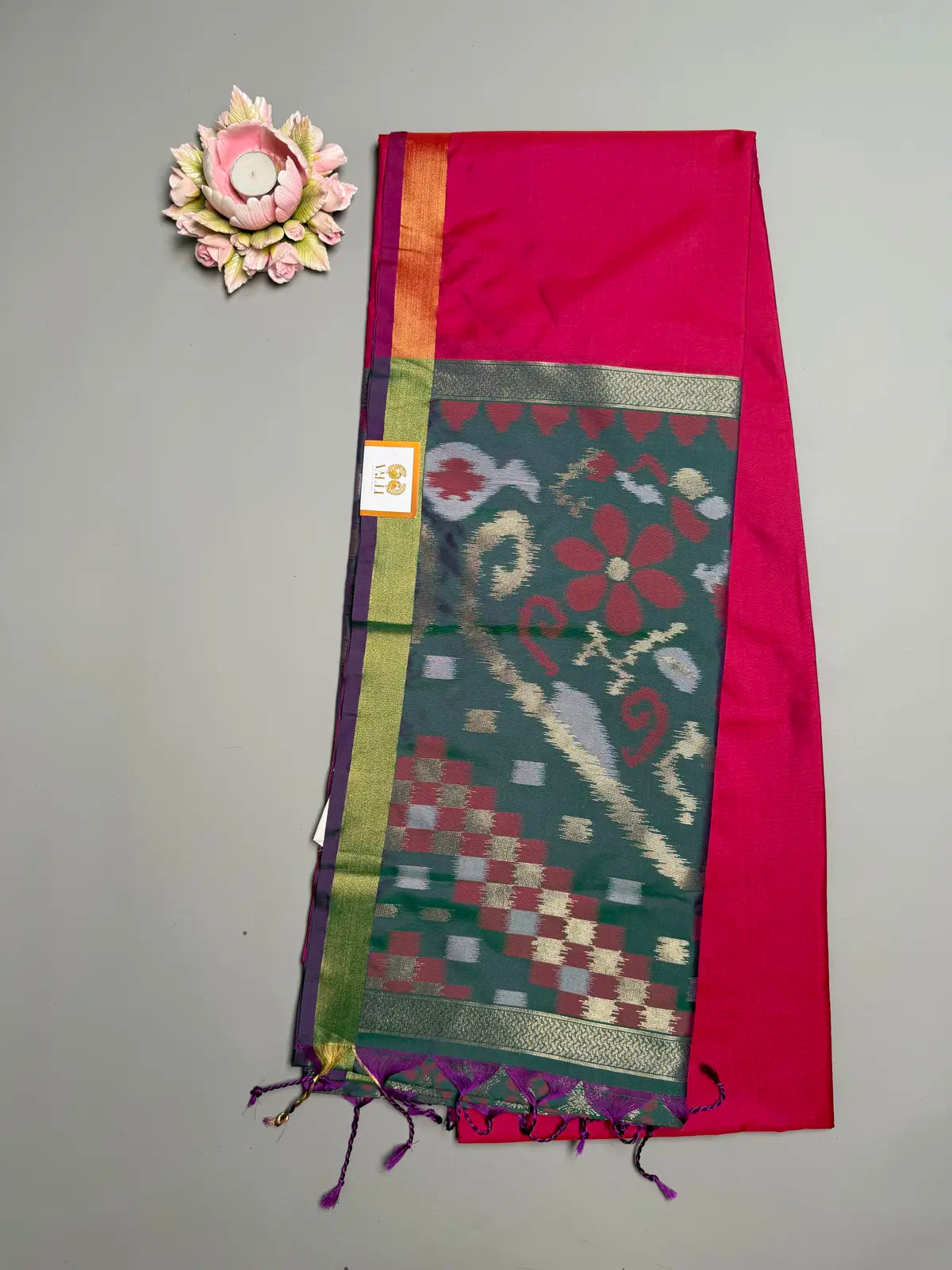 Rani Pink Saree with Heavy Ikat Green Pallu & Zari Border
