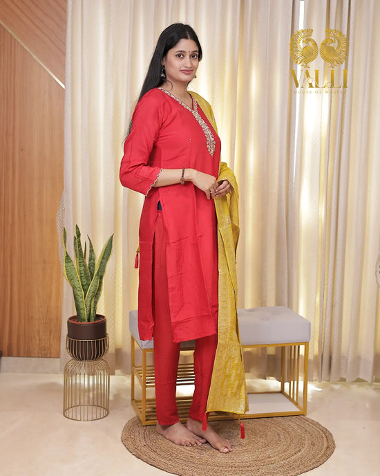 Red Kurtha set with mustard Banarasi duppata straight cut with slit