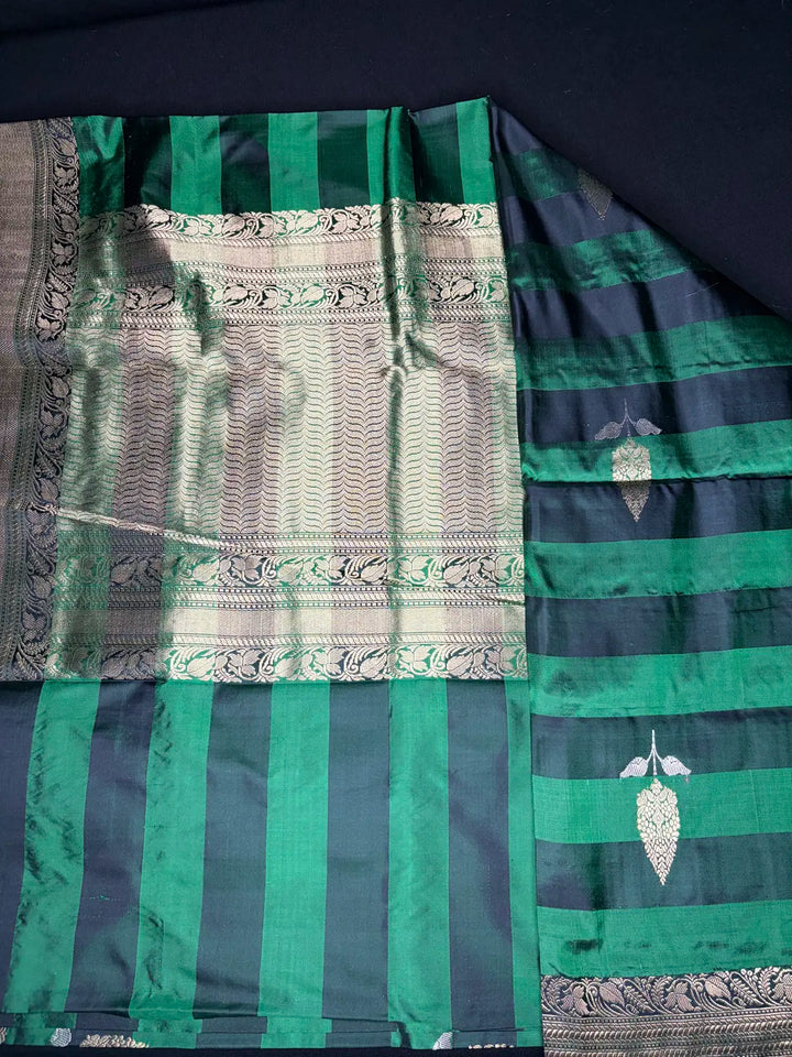 Pure Banarasi black stripes + green 