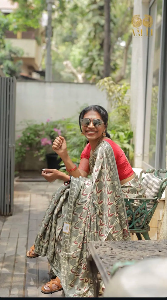 Ajrakh Modal Silk Saree grey flower 