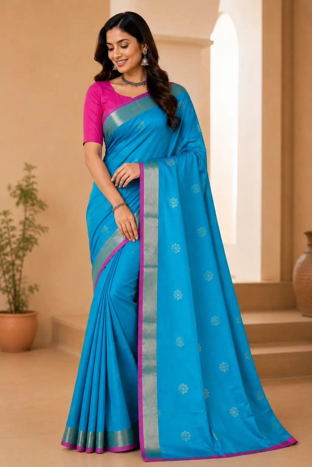 Teal Blue Soft Silk Saree with Floral Motifs & Rich Pink Pallu