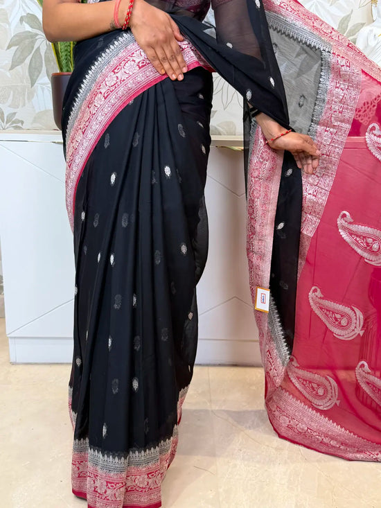 Black Chiffon Saree with Elegant Silver Zari Border
