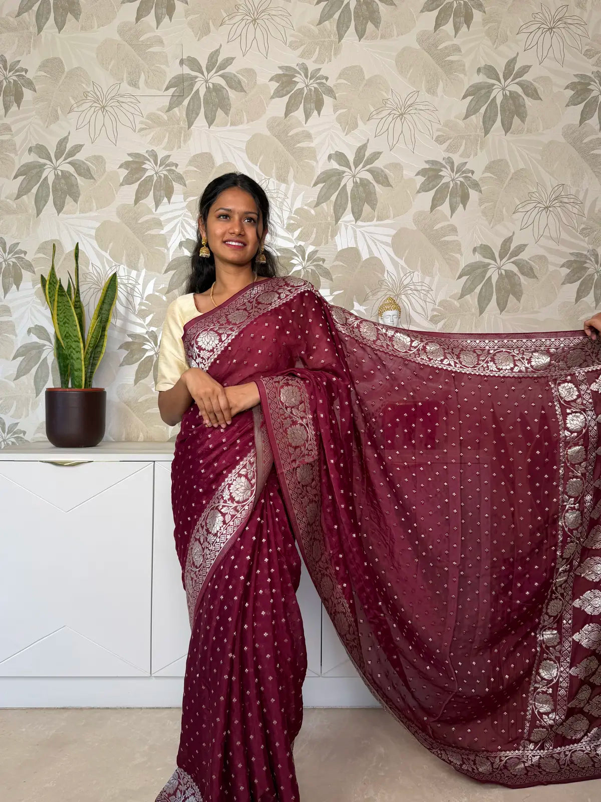 Banarasi Georgette Saree – Elegant Maroon with Silver Zari Motifs