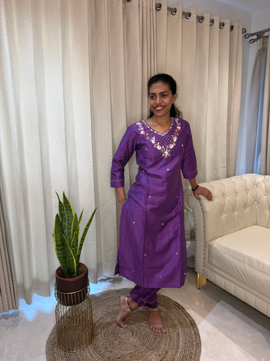 Purple knot embroidery salwar set straight cut with slit
