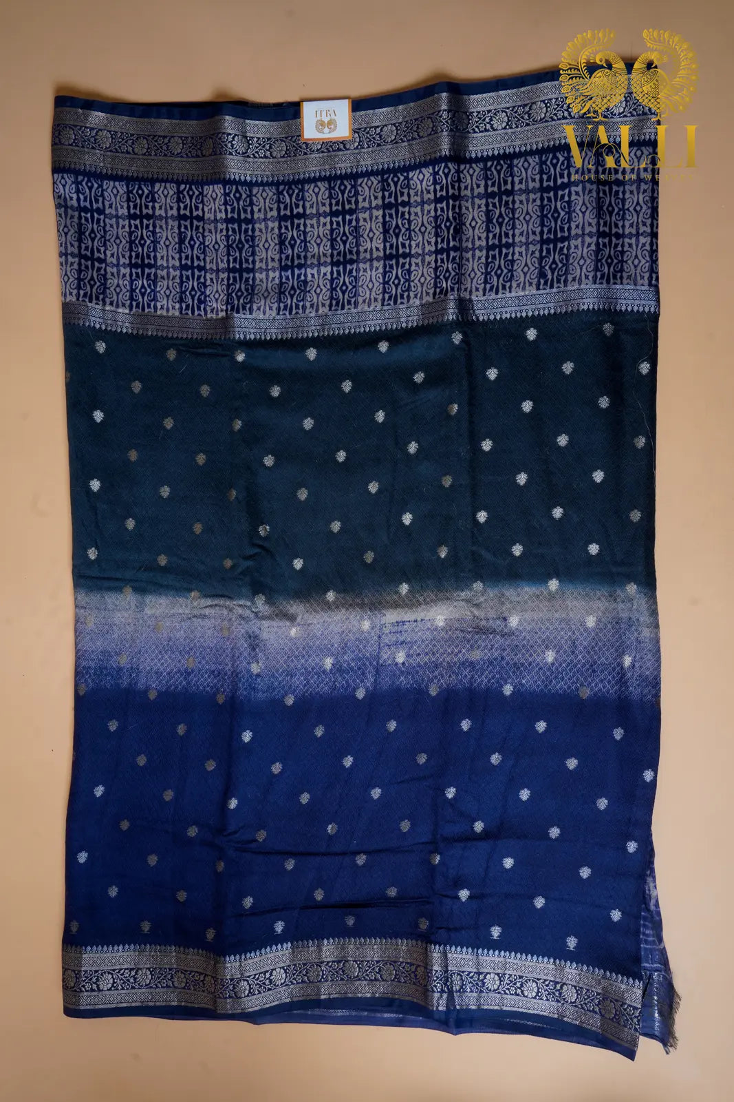 Royal Blue Handwoven cotton  Printed Saree with Silver Zari Border