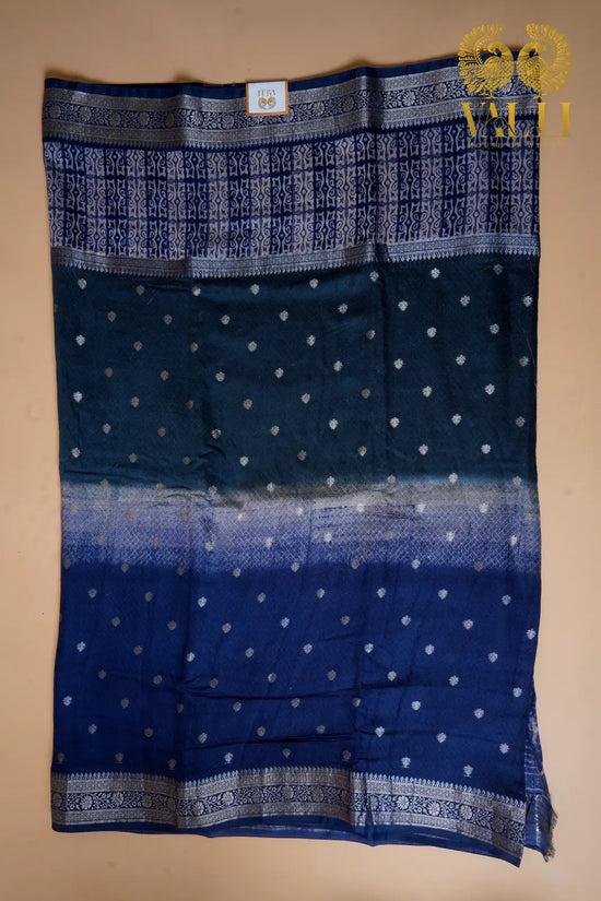 Royal Blue Handwoven cotton  Printed Saree with Silver Zari Border