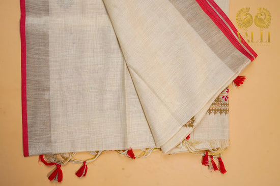 Tissue Linen Saree – Hand Knot Threadwork Pallu with Red Selvedge Border