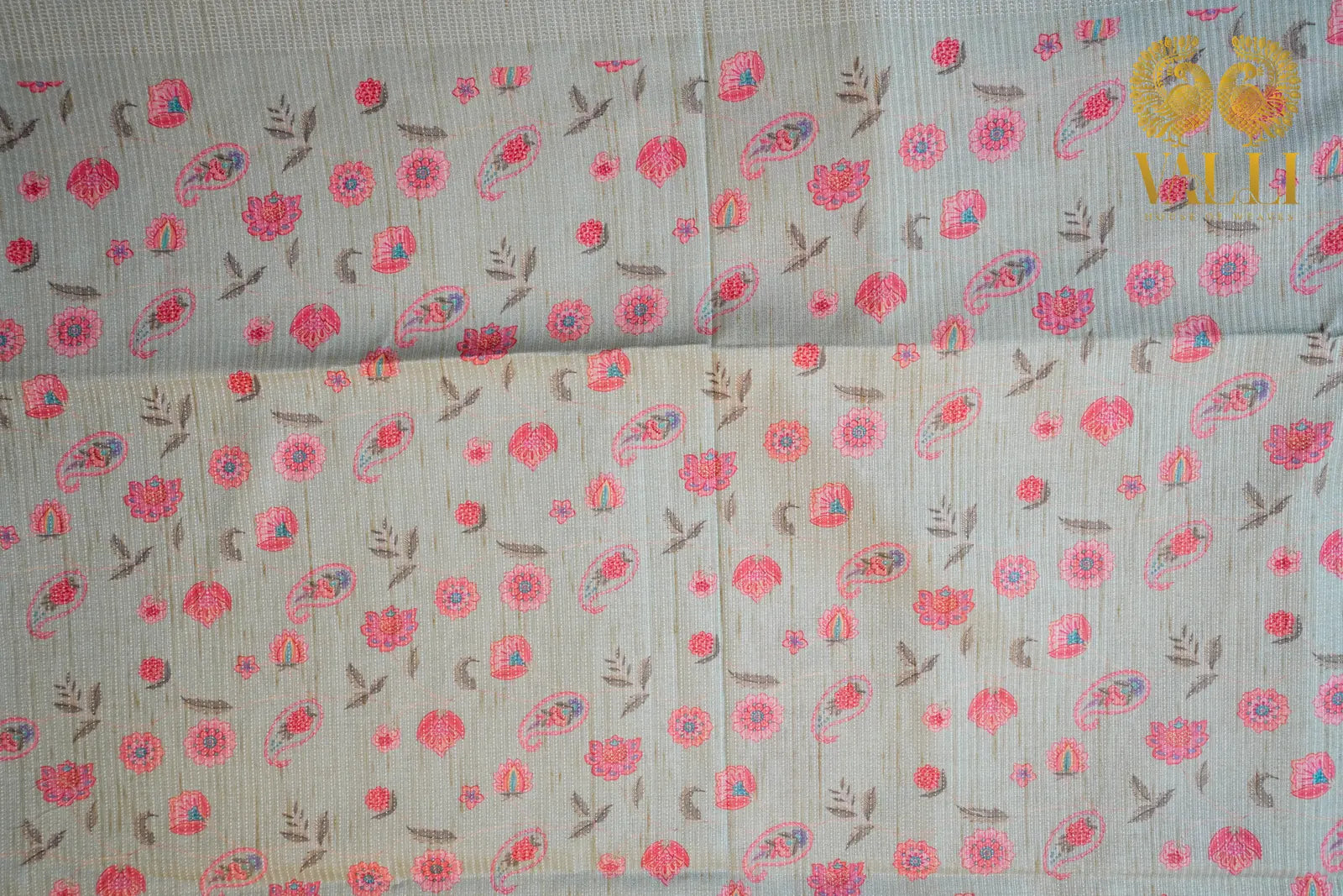 Ivory & Pastel Blue Tussar Silk Saree with Floral Digital Print & Zari Border
