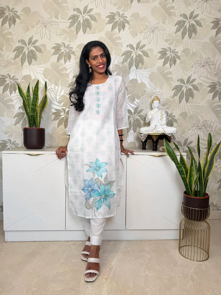 White Linen Salwar Set with Blue-Green Floral Digital Print