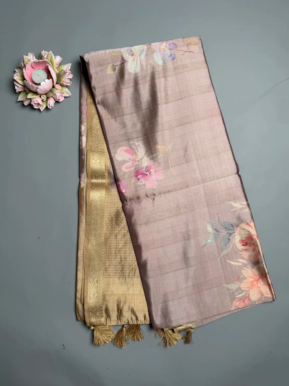 Pastel Beige Floral Silk Saree with Zari Border & Rich Golden Pallu