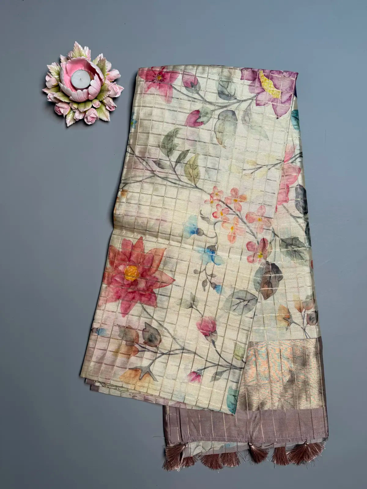 Pastel Floral Digital Print Saree with Zari Checks