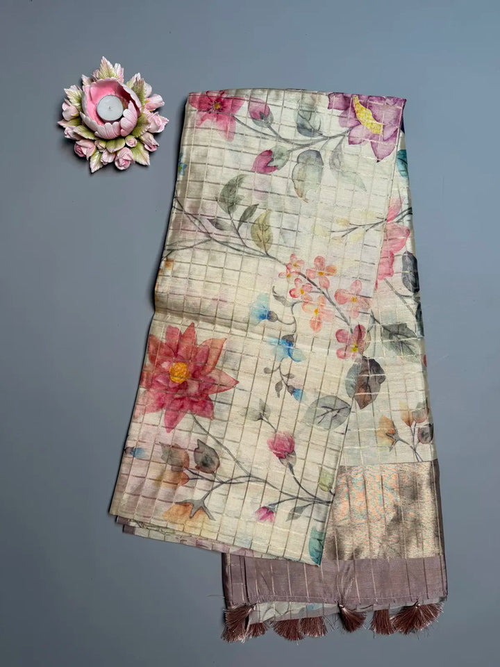 Pastel Floral Digital Print Saree with Zari Checks