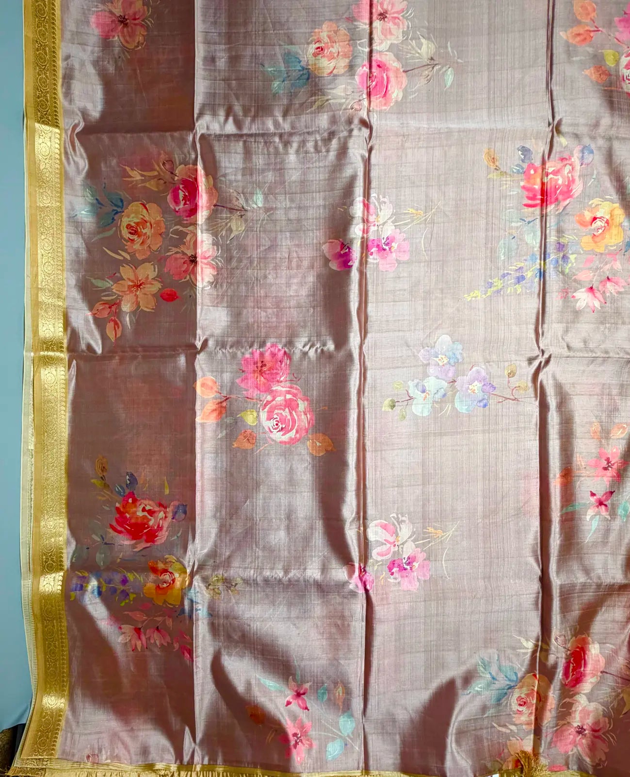 Pastel Beige Floral Silk Saree with Zari Border & Rich Golden Pallu