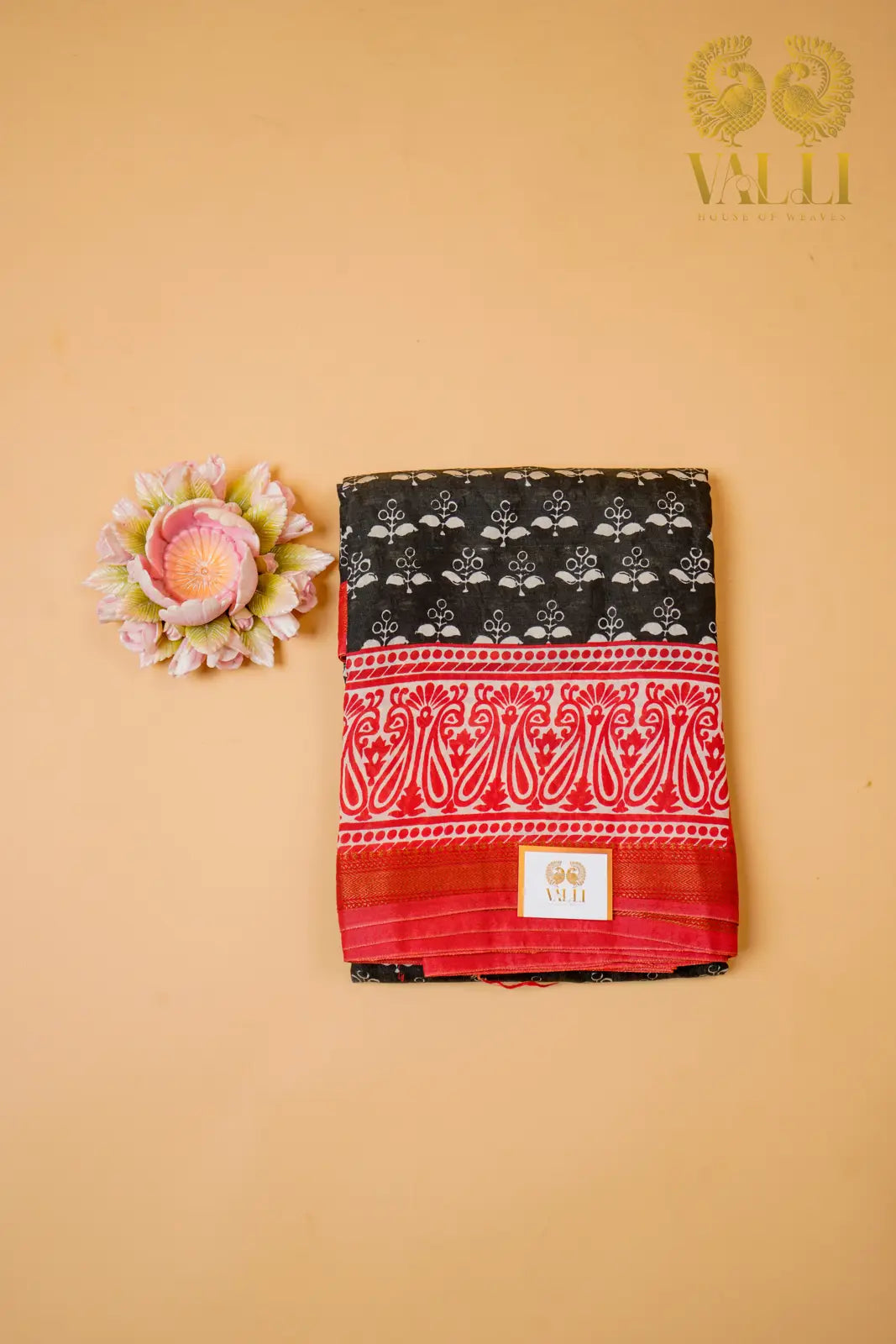 Black Block Print Viscose Cotton Saree with Contrast Red Border