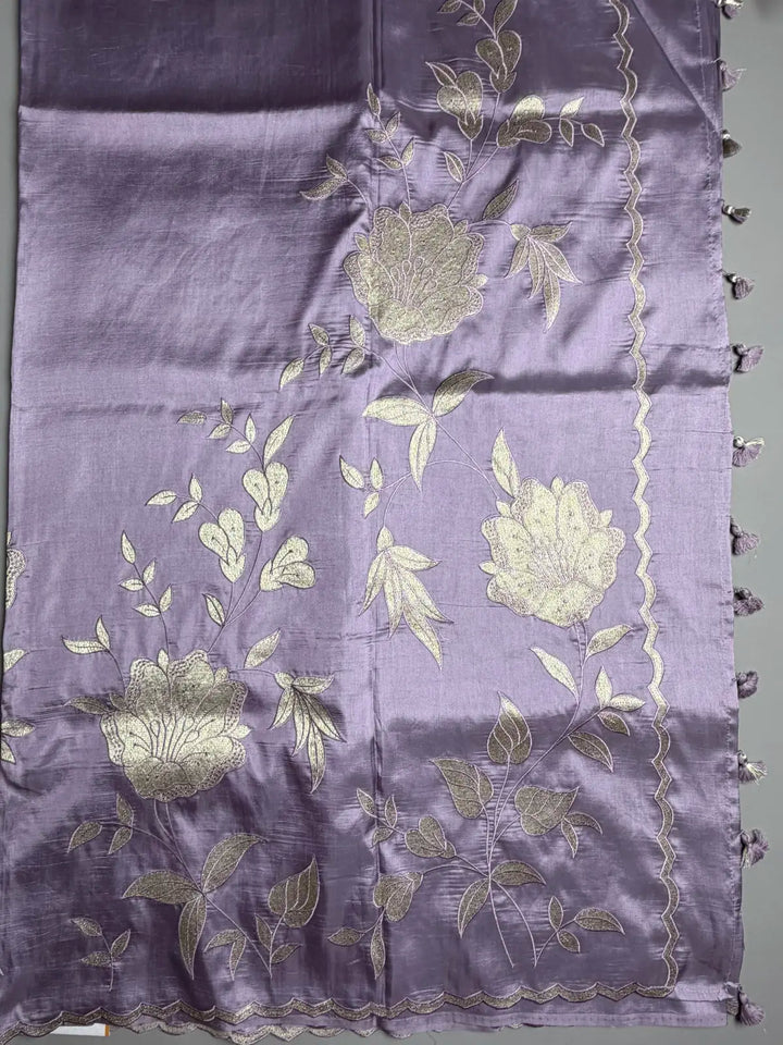 Lavender Satin Finish Saree with Silver Floral Embroidery
