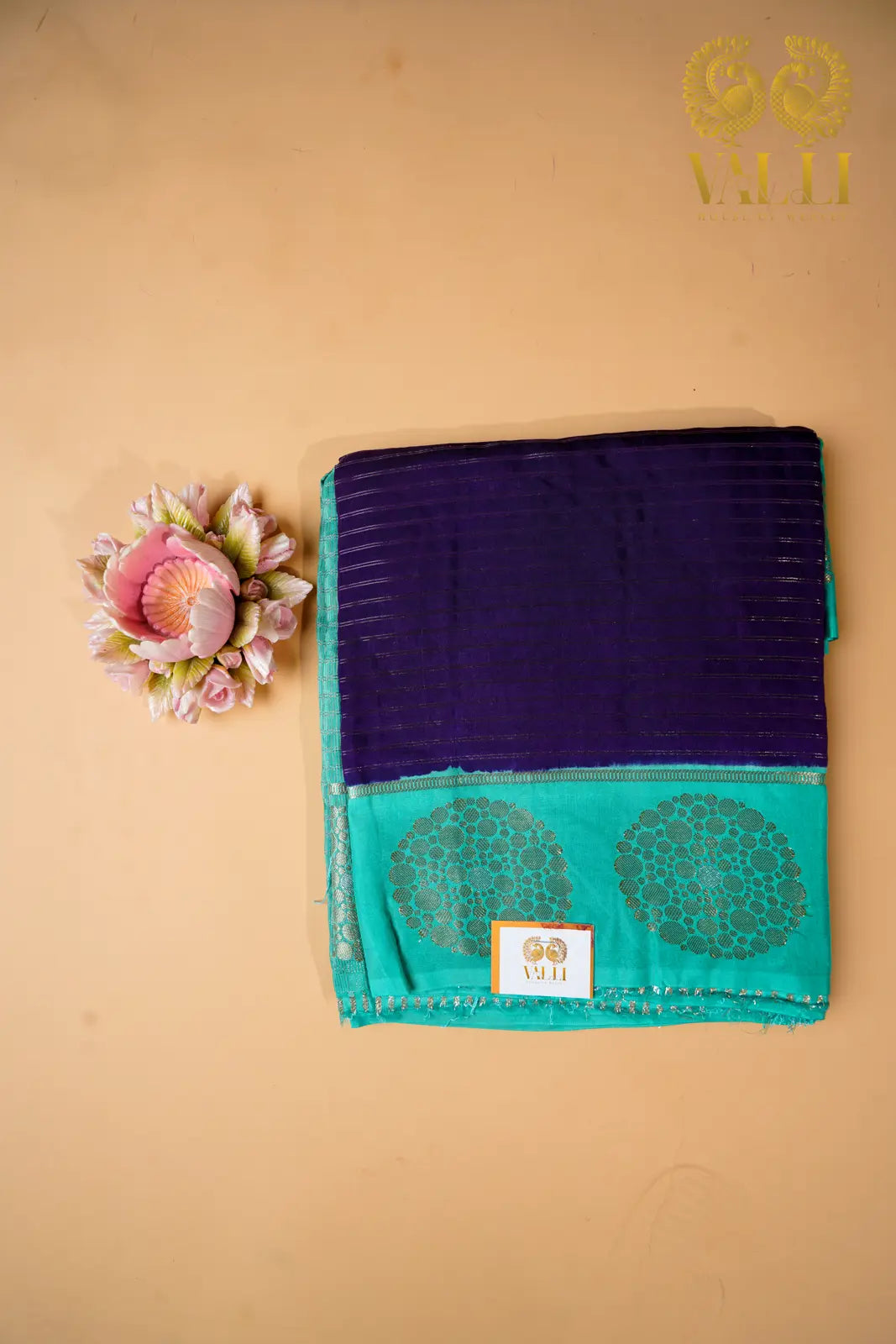 Fancy Dola Silk Saree with Gold Stripes – Royal Purple & Sea Green