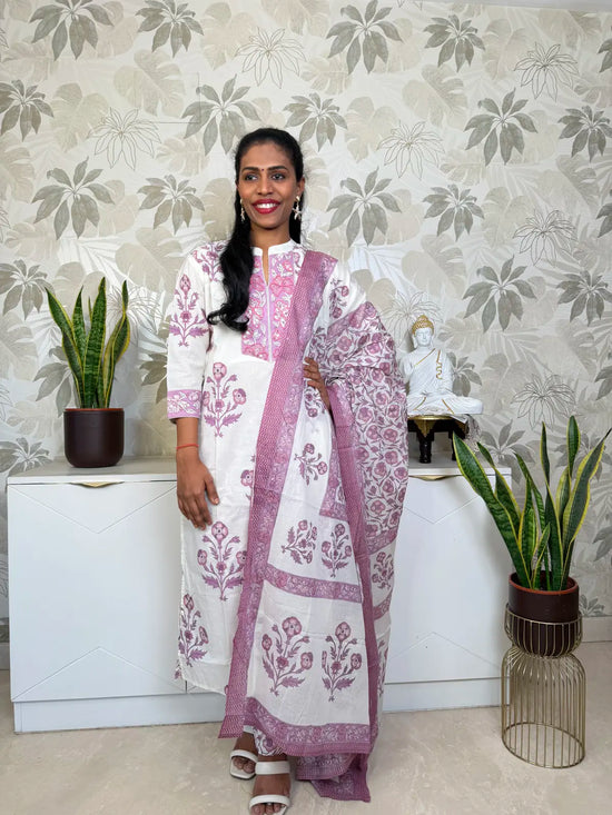 Cream White Cotton Salwar Set with Purple Floral Motifs