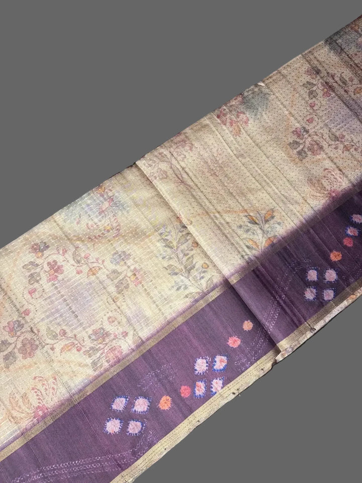 Eco print tussar saree beige + purple 