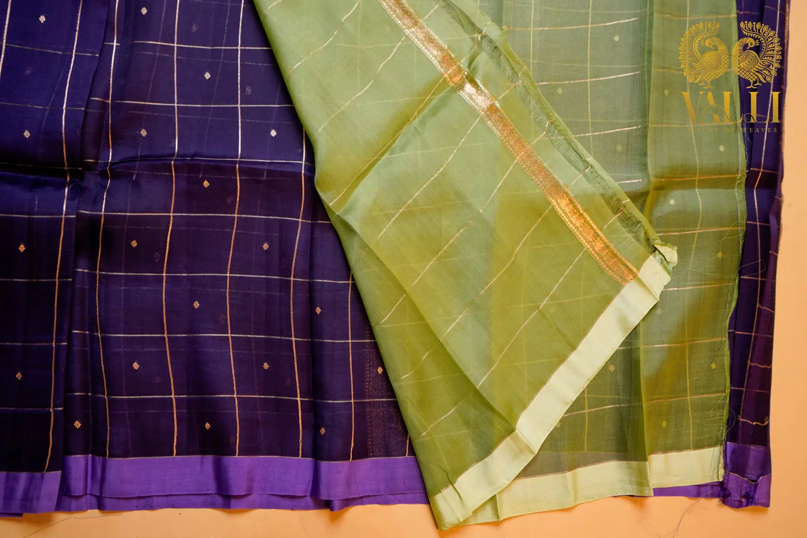 Purple Kora Organza Saree with Contrast Pista Green Checked Blouse