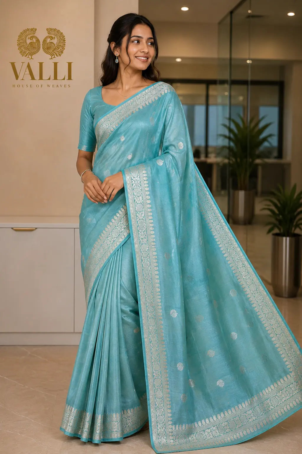 Aqua blue Tissue Banarasi Crepe Saree
