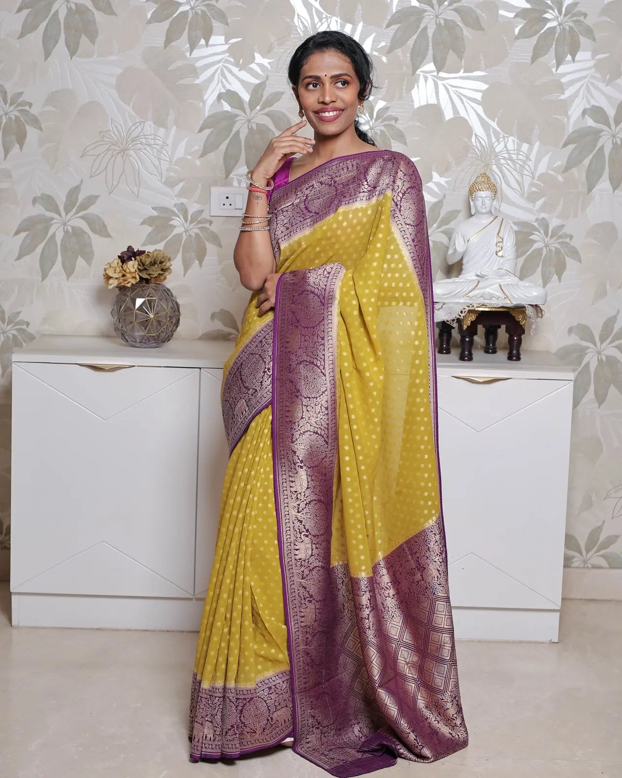 Khadi Georgette Saree – Green & Purple 