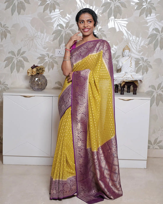 Khadi Georgette Saree – Green & Purple 