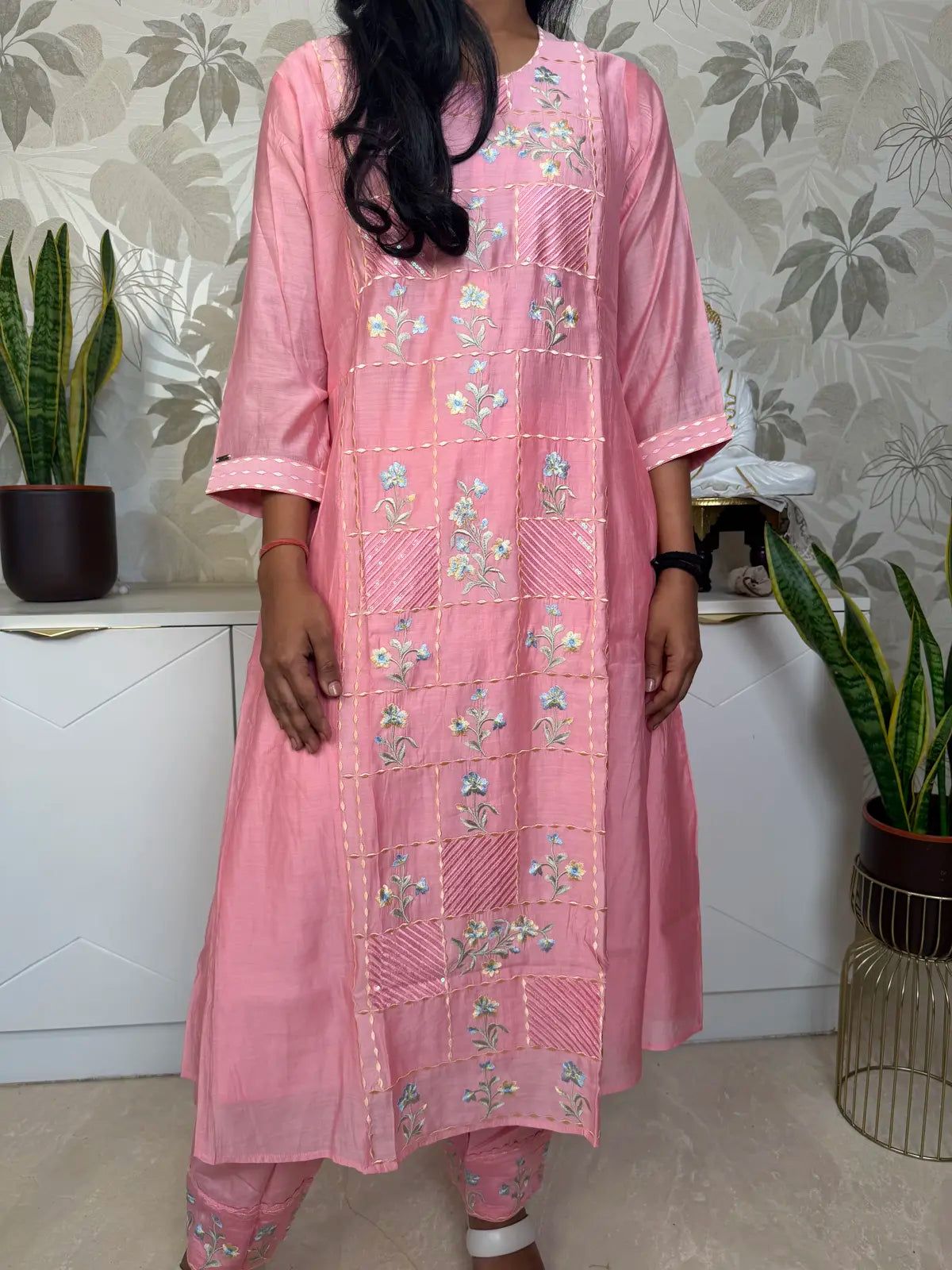 Peach Pink Salwar Set with Floral Embroidery and Patchwork Panels