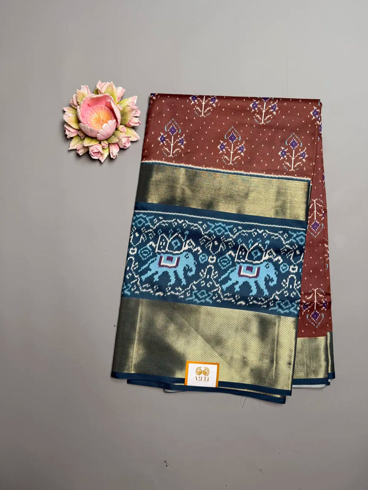 Plum Ikat Semi Silk Saree with Grey Elephant Border