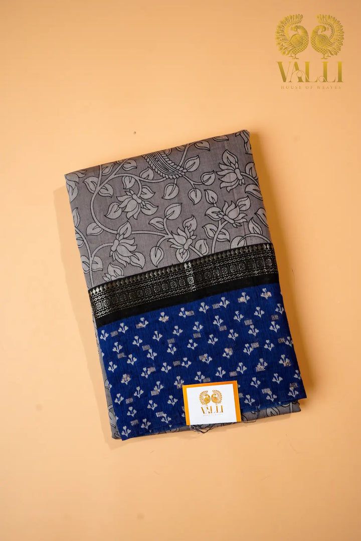 Kalamkari cotton saree grey + blue 