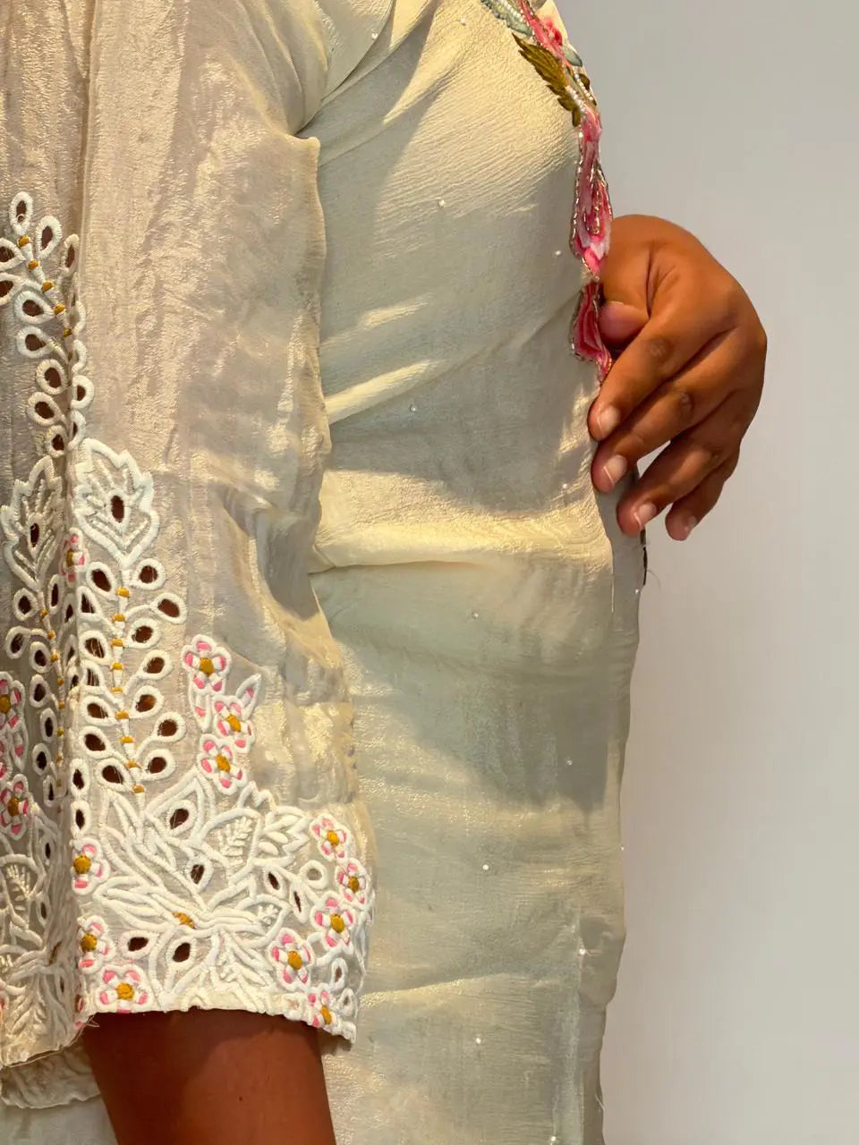 Ivory white Embroidered Coord Set with cut work