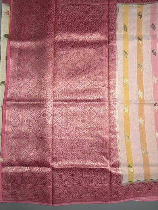 Pastel Striped Saree with Baby Pink Border & Rich Brocade Pallu