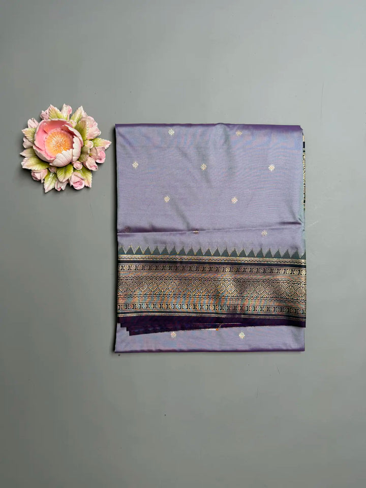   Light Grey Kanchipuram Soft Silk Saree with Contrast Green Border